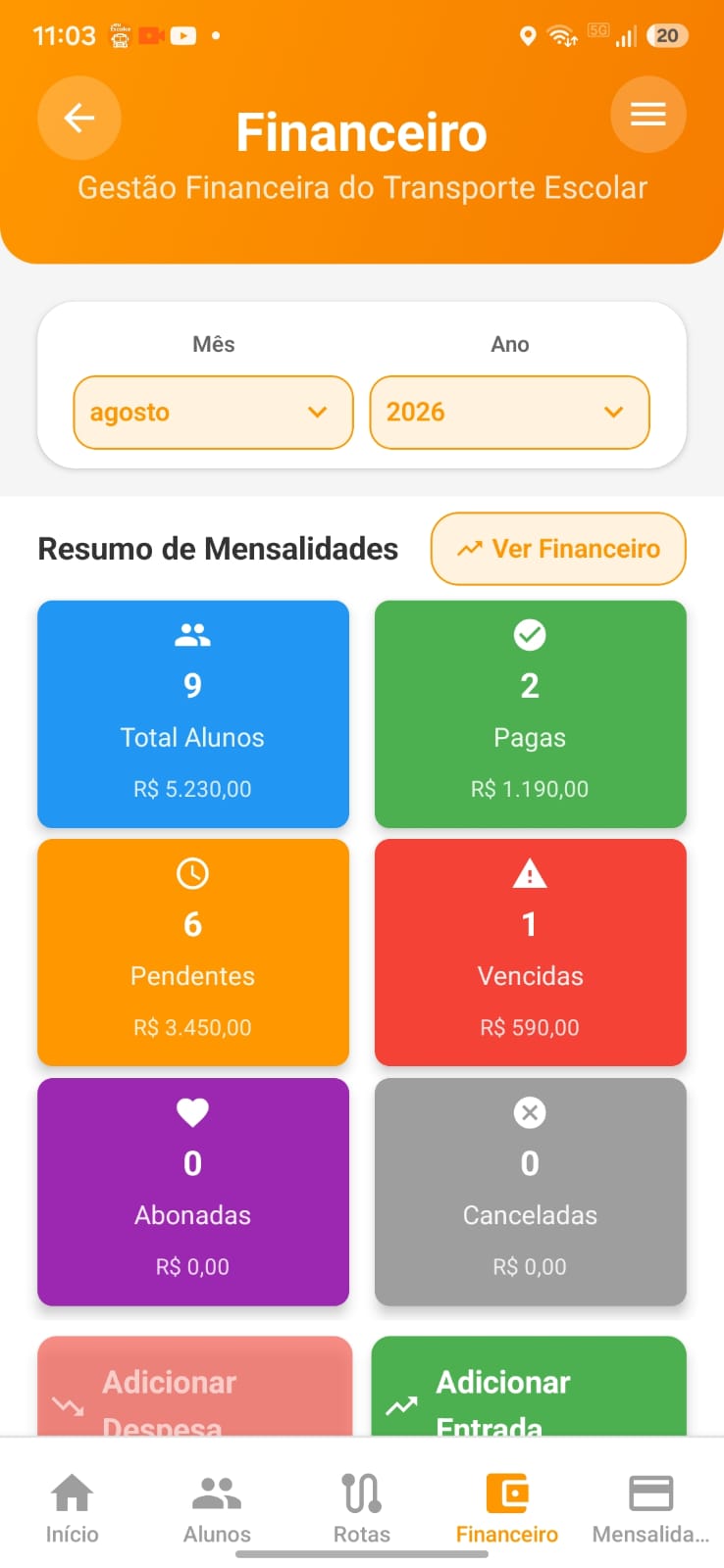 Tela financeiro do SeuEscolar